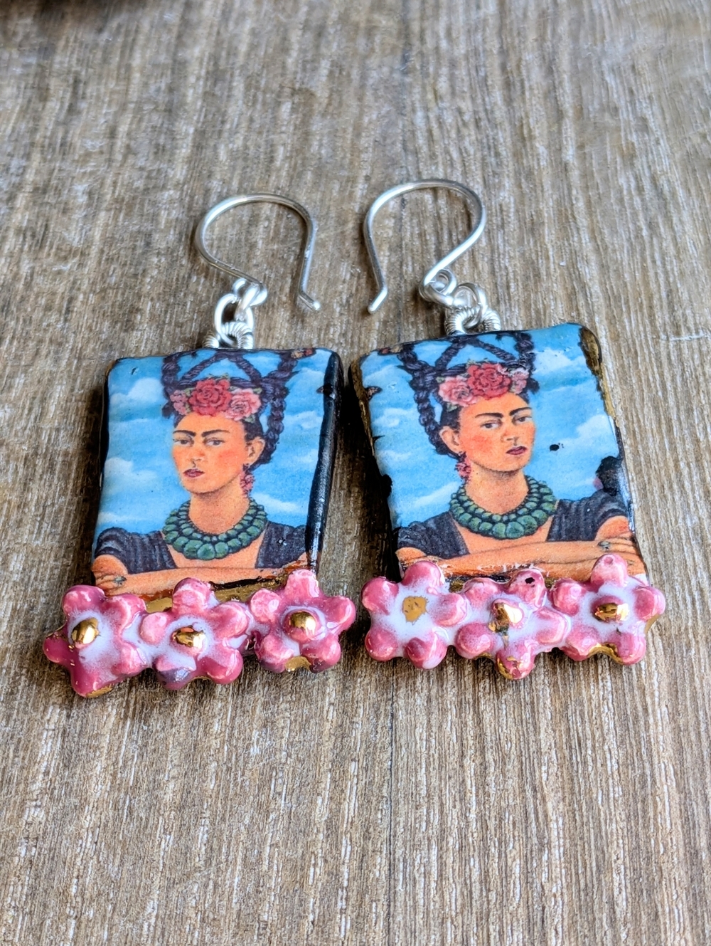 Rare Frida Khalo Earrings Artisan Ceramic Jewelry Sterling Silver - Picture 12 of 15
